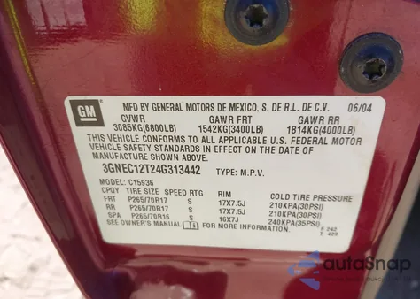 2004 Chevrolet Avalanche 1500 from USA, damaged, VIN 3GNEC12T24G313442